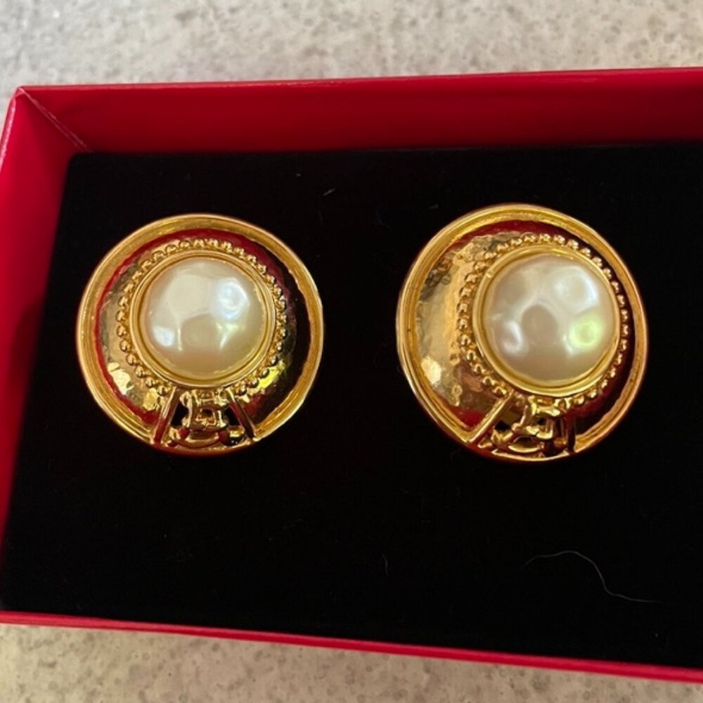 Vintage FENDI Faux Pearl & Gold Tone Clip On Earrings